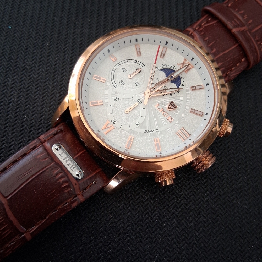 Lige Moonphase 43mm Rose Gold and Brown Chronograph Men's Watch